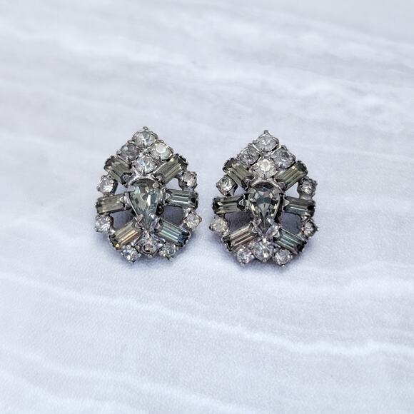 Vintage Clip On Earrings Stylish Smokey Tone Gems Large Regal Art Deco Style - Picture 2 of 5